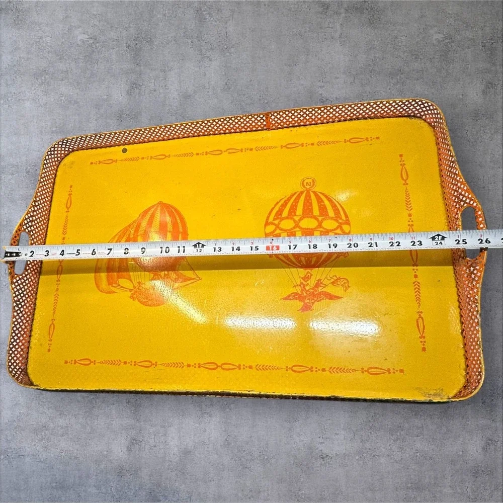 Vintage‎ Italian Metal Tray Painted Hot Air Balloon Yellow 26x17 Rustic Decor